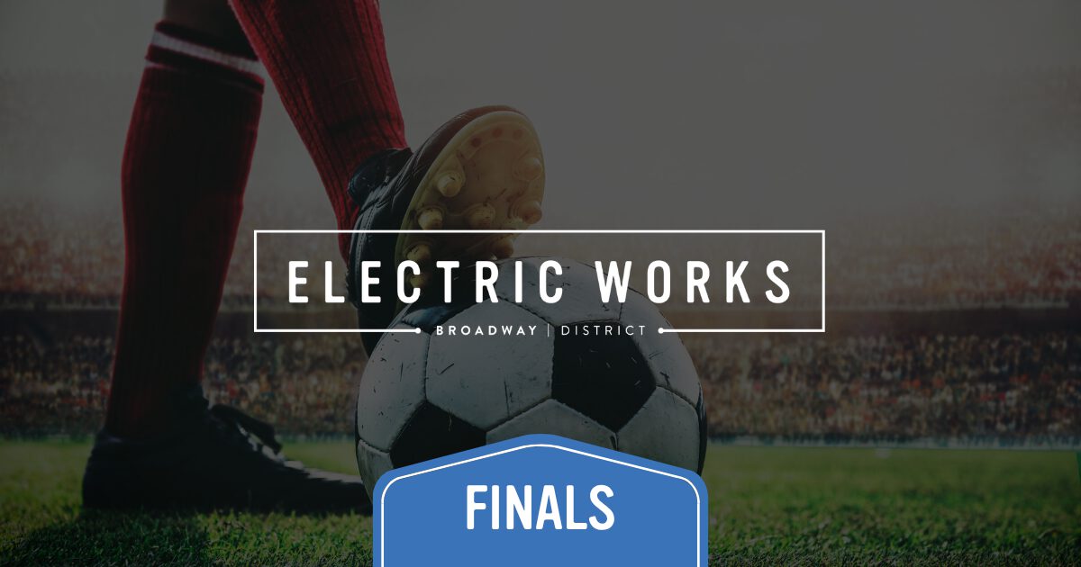 Soccer ball on grass under a player's boot with an 'Electric Works' banner and 'Finals' badge overlay (sports event poster).